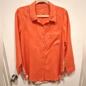 Karyn Seo Coral Linen & Floral Satin Long Sleeve Button Down Shirt Sz S Boho
